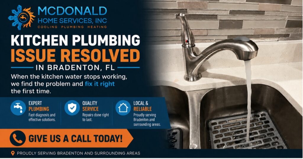 McDonald Home Services repairing a kitchen plumbing issue in Bradenton Florida
